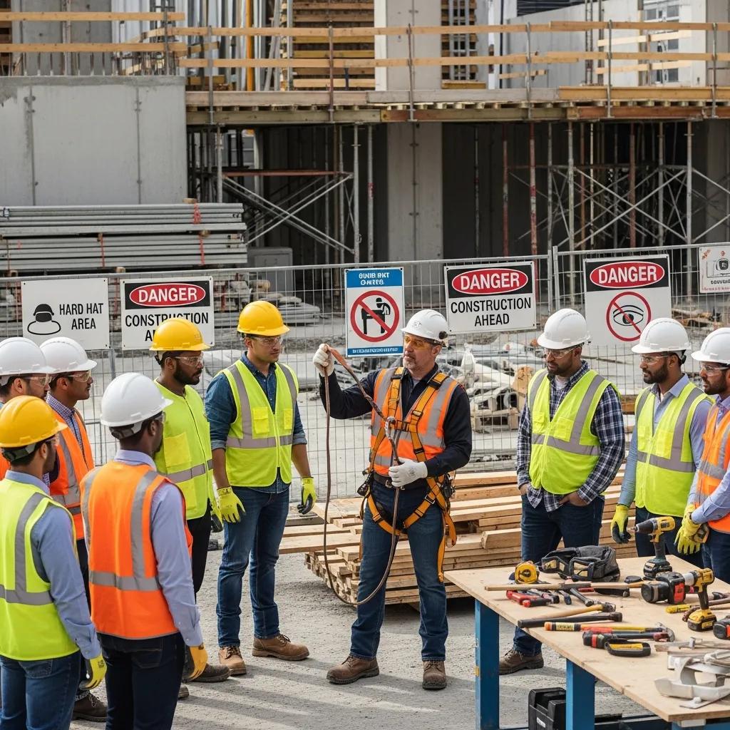 Workers in safety gear attending a toolbox talk on a construction site