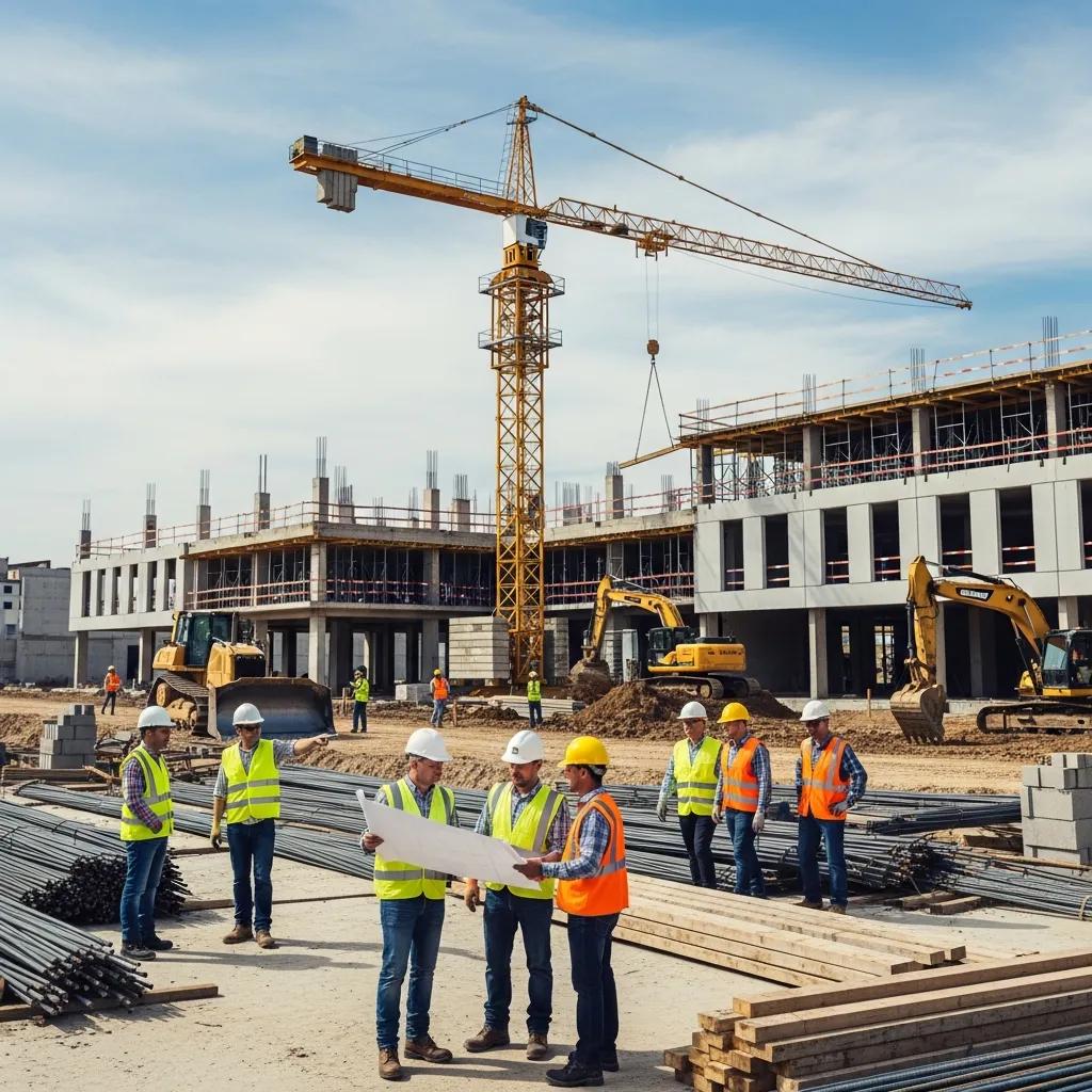 Dynamic commercial construction site with workers and cranes, symbolizing project management success