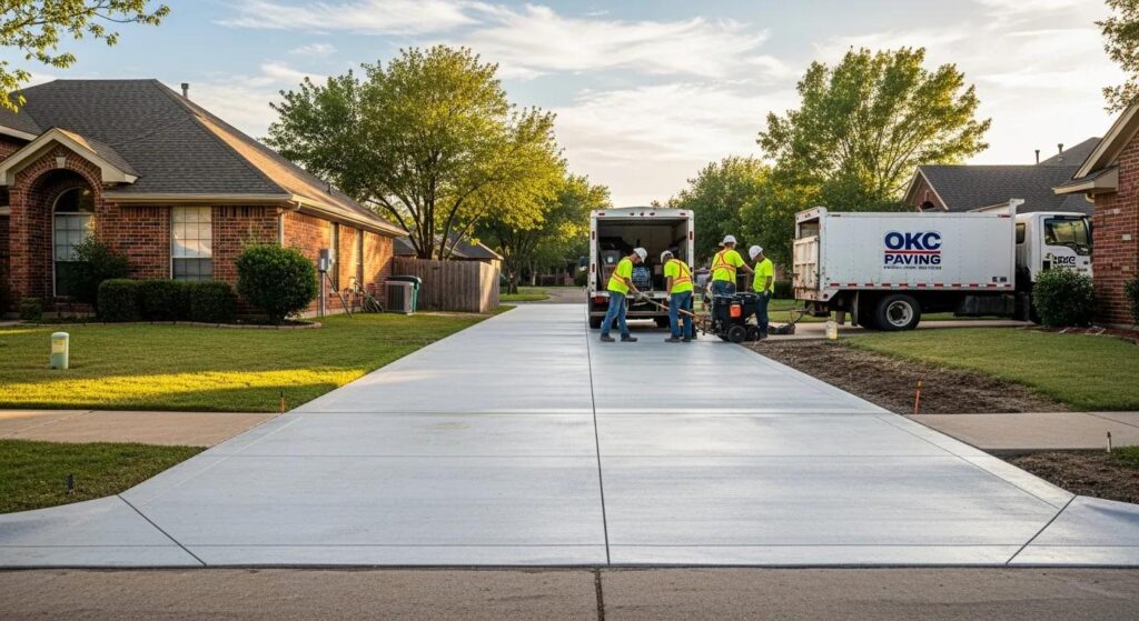 A freshly poured and smoothed concrete driveway in a suburban Oklahoma City neighborhood. The texture is perfect, and the edges are crisp. A professional paving crew is visible in the background.