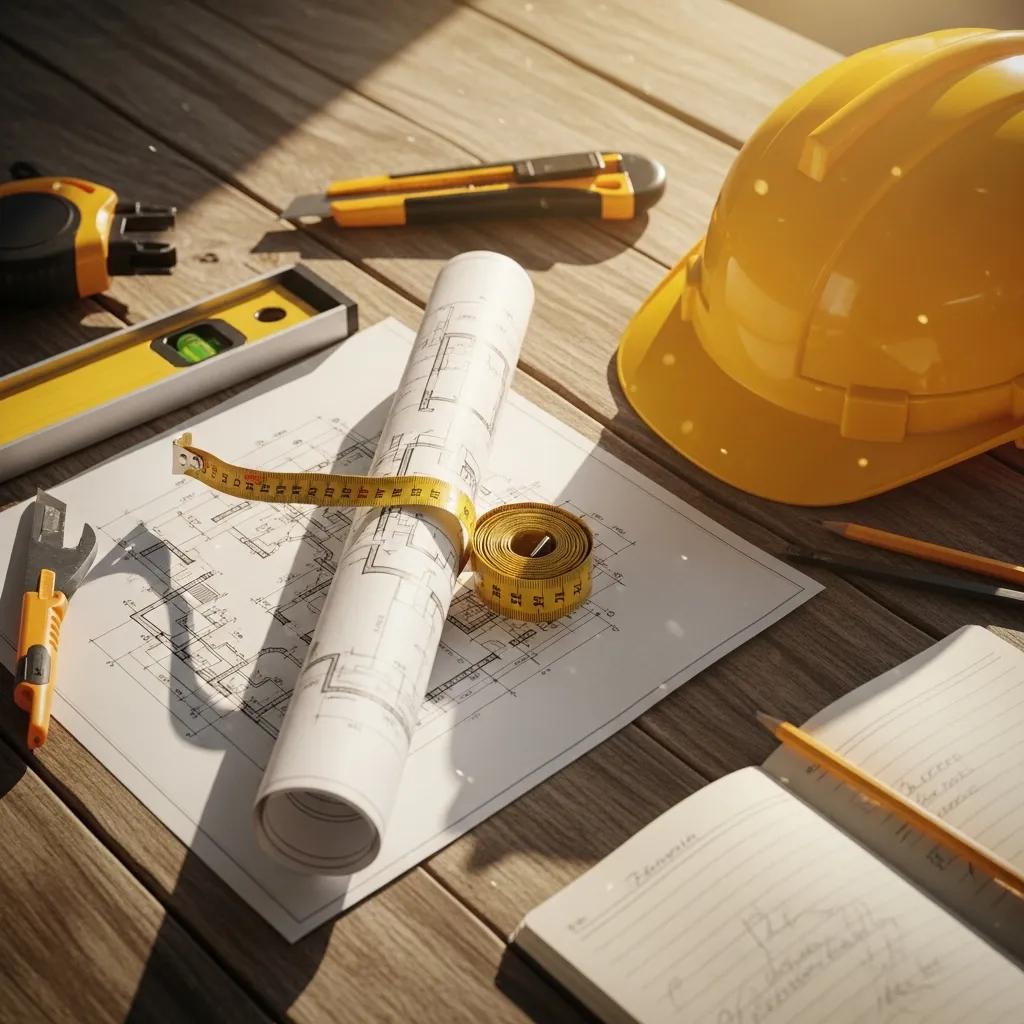 Blueprint, tape measure and tools — essential items that relate to project basics in construction