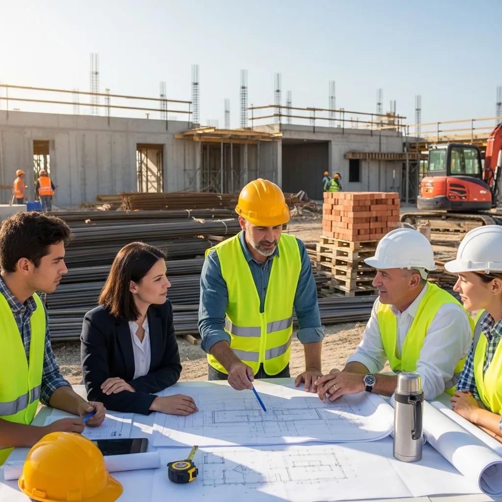 Group of construction professionals discussing plans at a job site