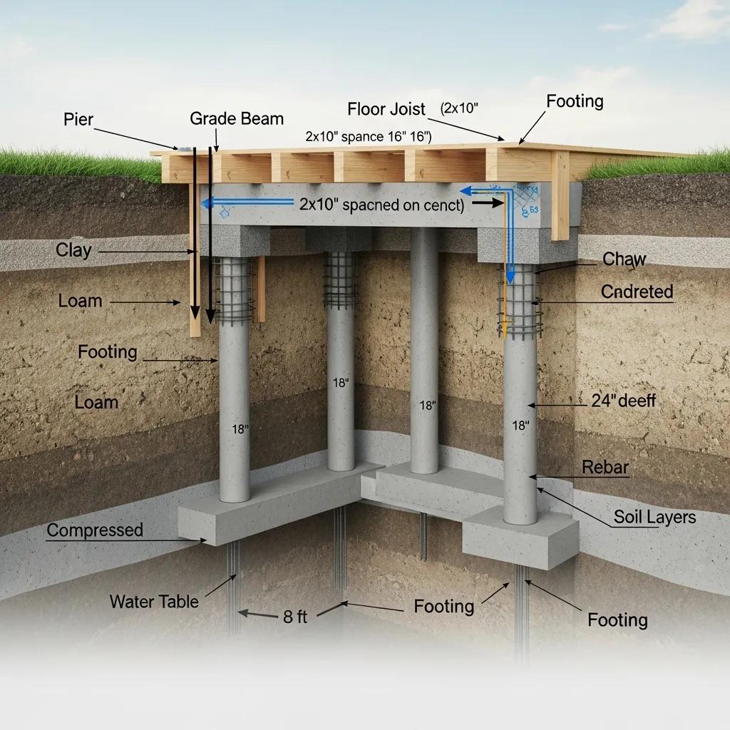 Diagram: pier‑and‑beam foundation transferring loads to deeper soil