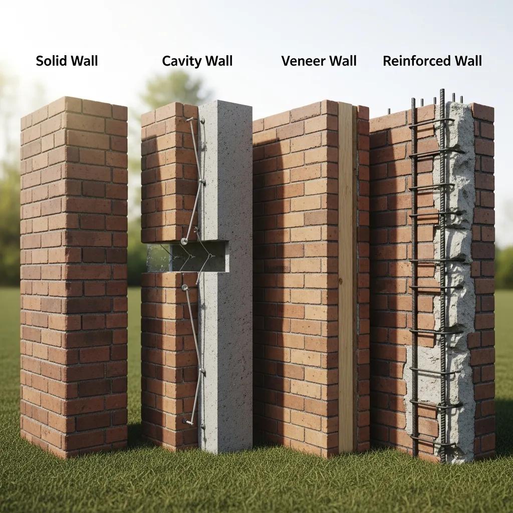 Diagram showing solid, cavity, veneer, and reinforced brick wall assemblies and their typical components