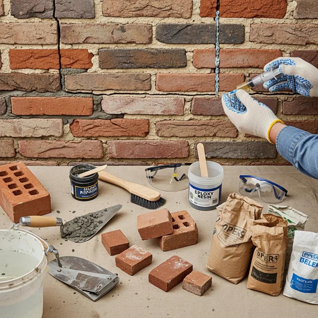 Mason applying epoxy for hairline crack repair on a brick wall, illustrating effective repair techniques