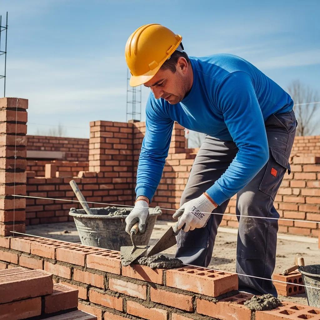 Mason laying bricks on a construction site, showcasing brick masonry techniques and tools