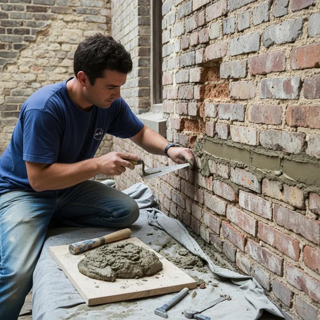 Skilled mason performing tuckpointing on a brick wall to restore mortar joints and appearance