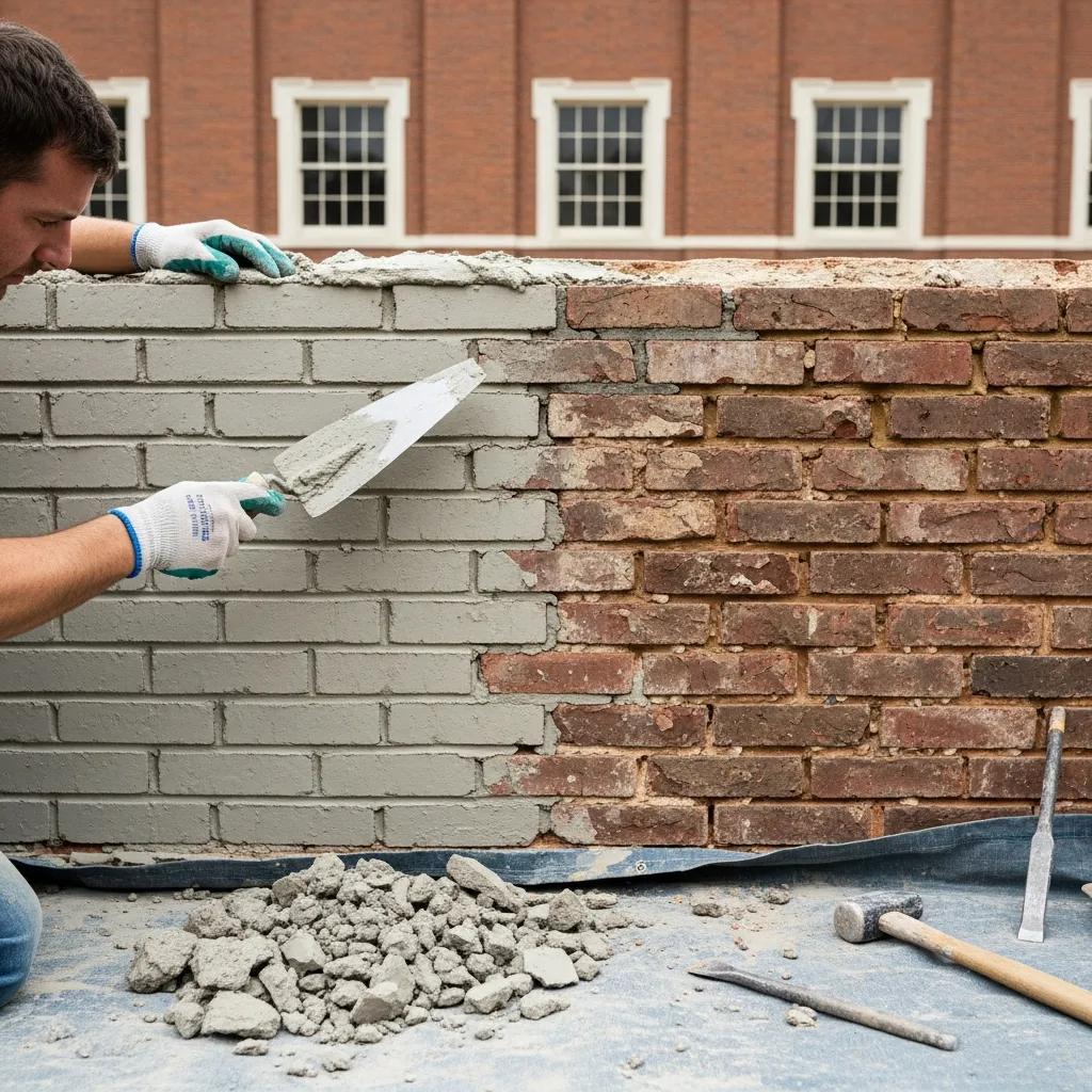 Mason performing tuckpointing on a brick wall, enhancing durability and appearance of the structure