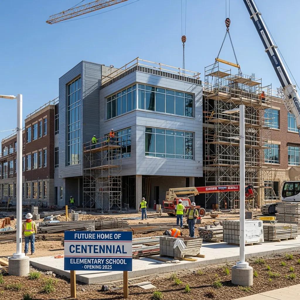 Modern school building under construction in Oklahoma City with workers collaborating on-site