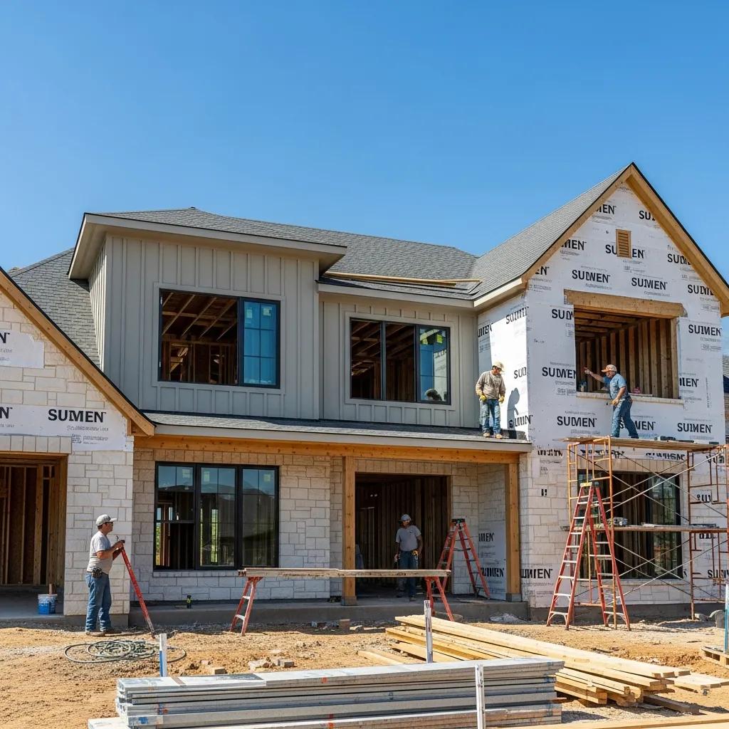 New home construction in Oklahoma City with workers and building materials