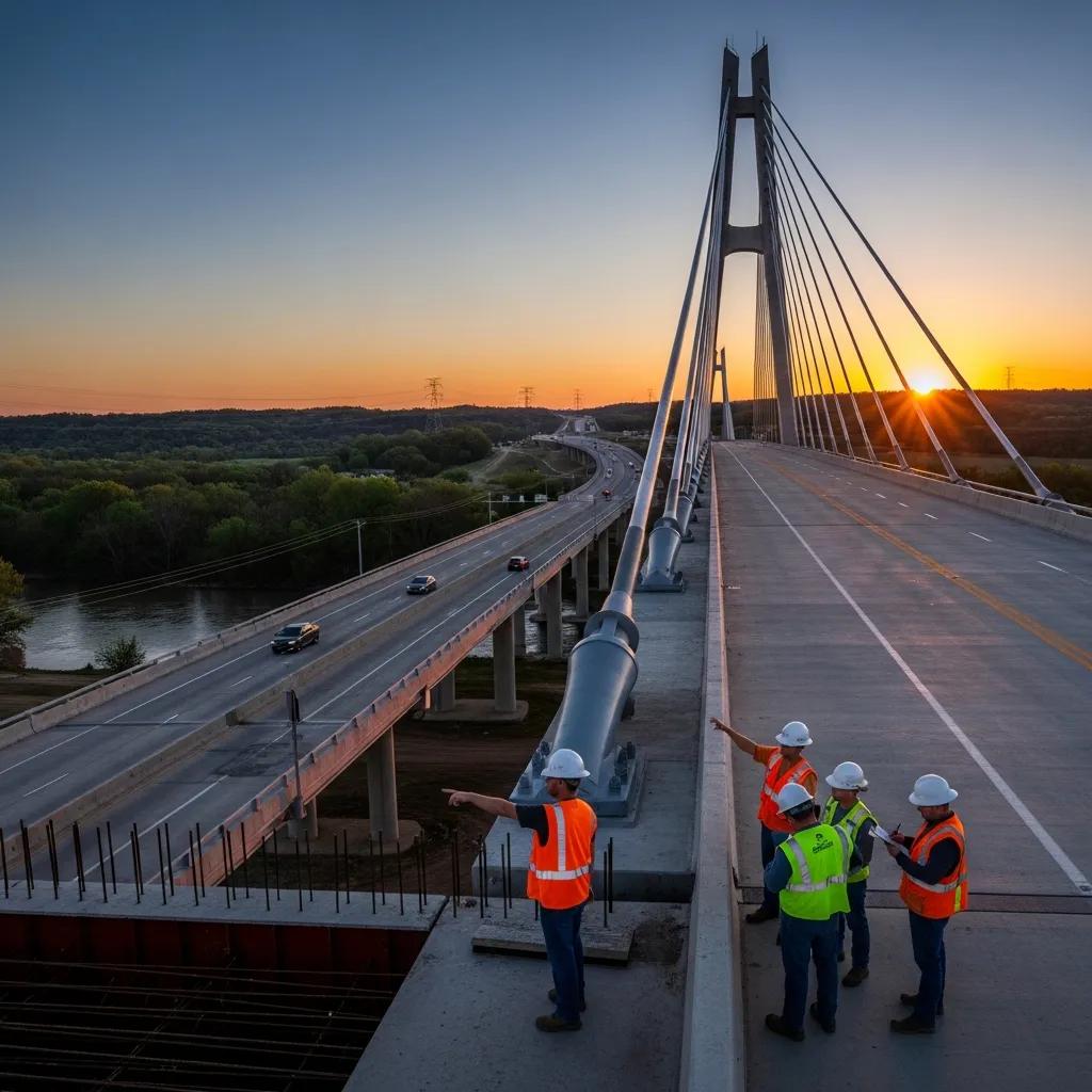 Newly completed bridge in Oklahoma with engineers inspecting the structure