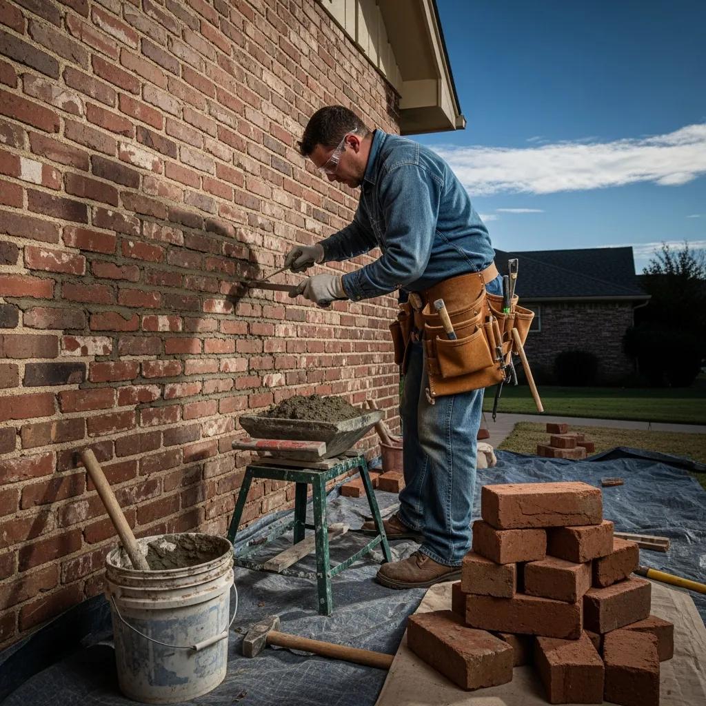 Professional mason repairing a brick wall, showcasing expert brick repair services in Oklahoma City