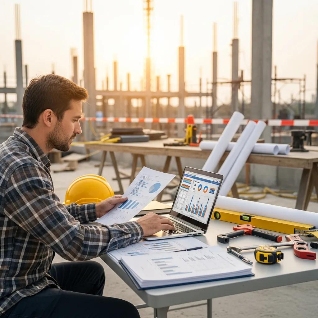 Project manager reviewing budget reports and construction software on site