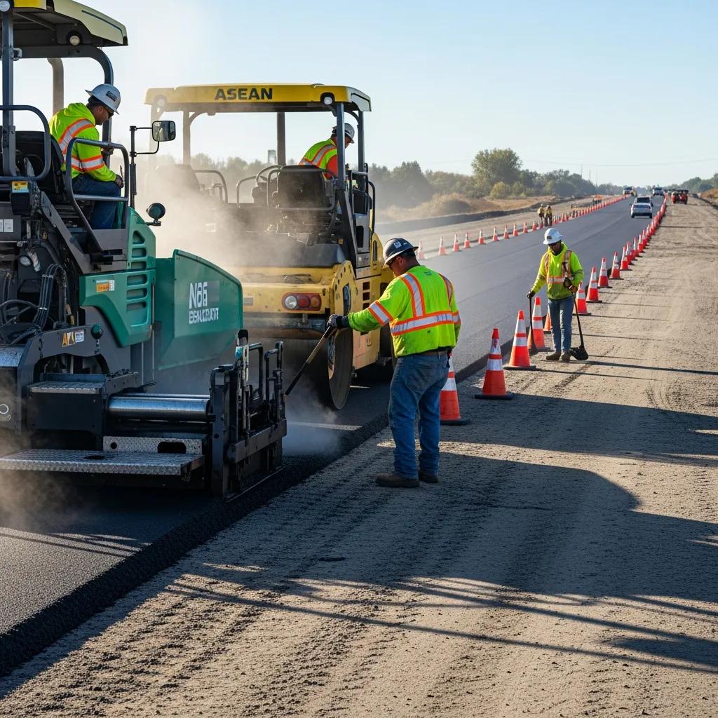 Asphalt paving crew operating paving equipment on an Oklahoma City roadway