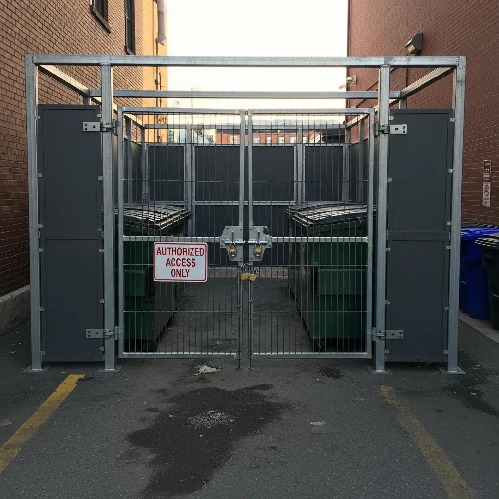 Locked commercial dumpster enclosure preventing unauthorized access