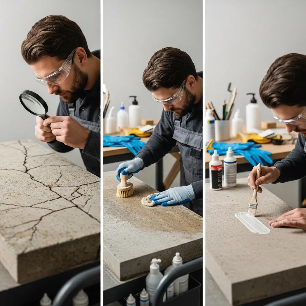 Technician performing step-by-step stone repair process including inspection and sealing