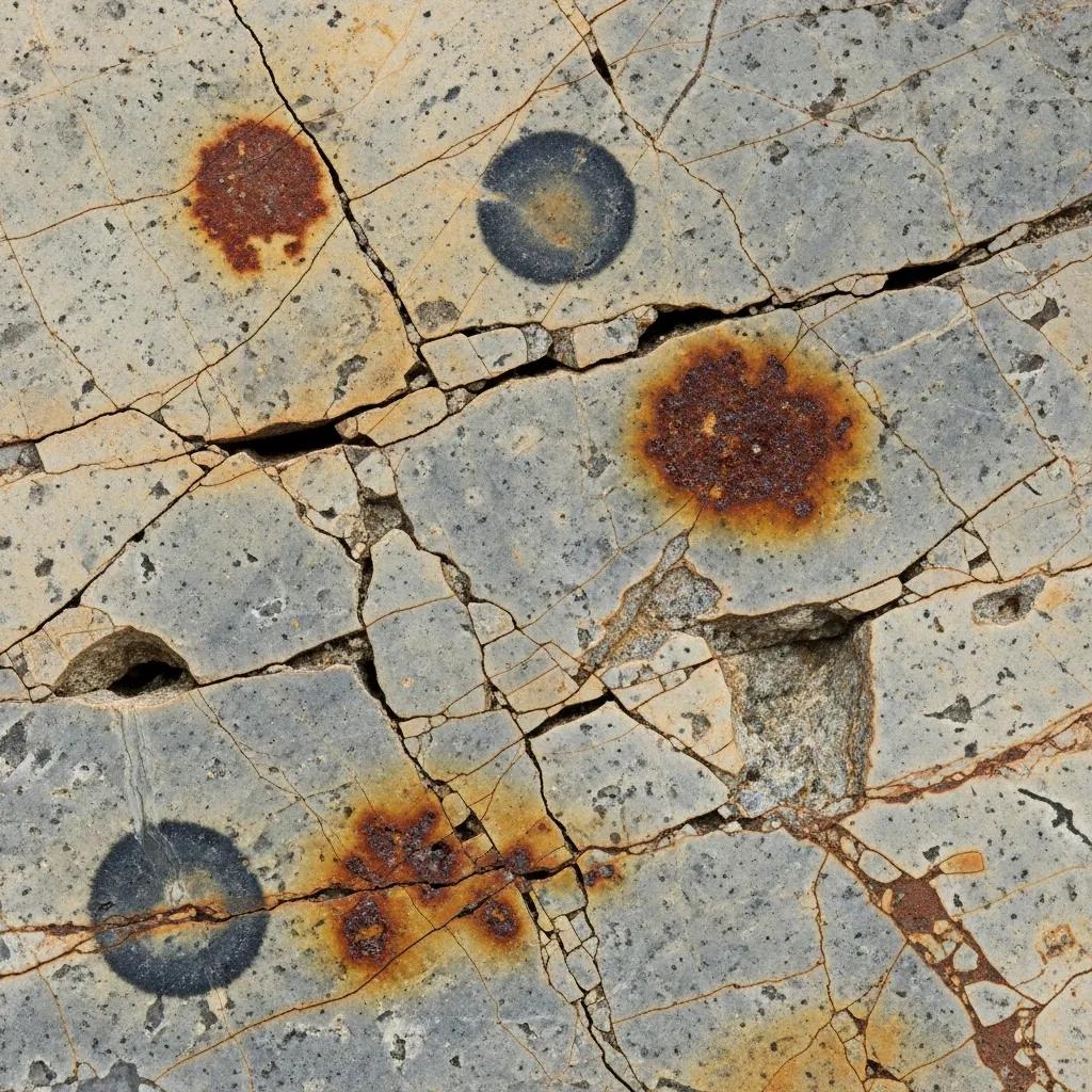 Various types of damage on natural stone surfaces including cracks and stains