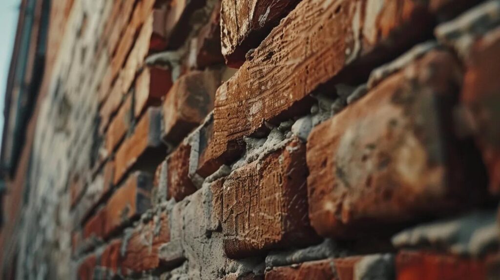 A close-up shot of a skilled mason expertly tuck-pointing red brick on a historic Oklahoma City building. Detail of the mortar being applied, sharp focus, industrial aesthetic.