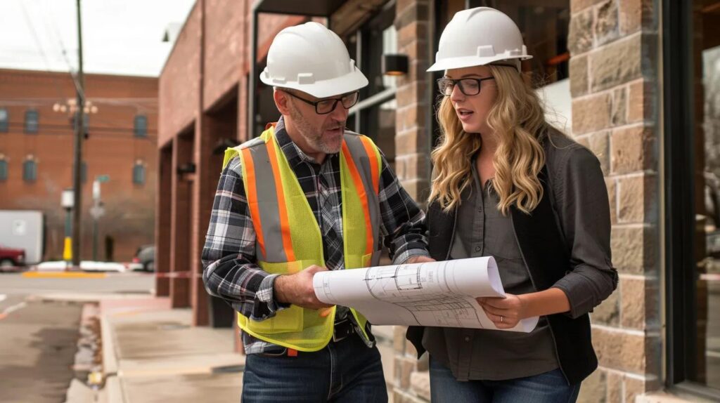 A professional contractor in a hard hat and safety vest reviewing blueprints with a business owner in front of a newly remodeled brick building in Oklahoma City. Professional, trustworthy atmosphere.