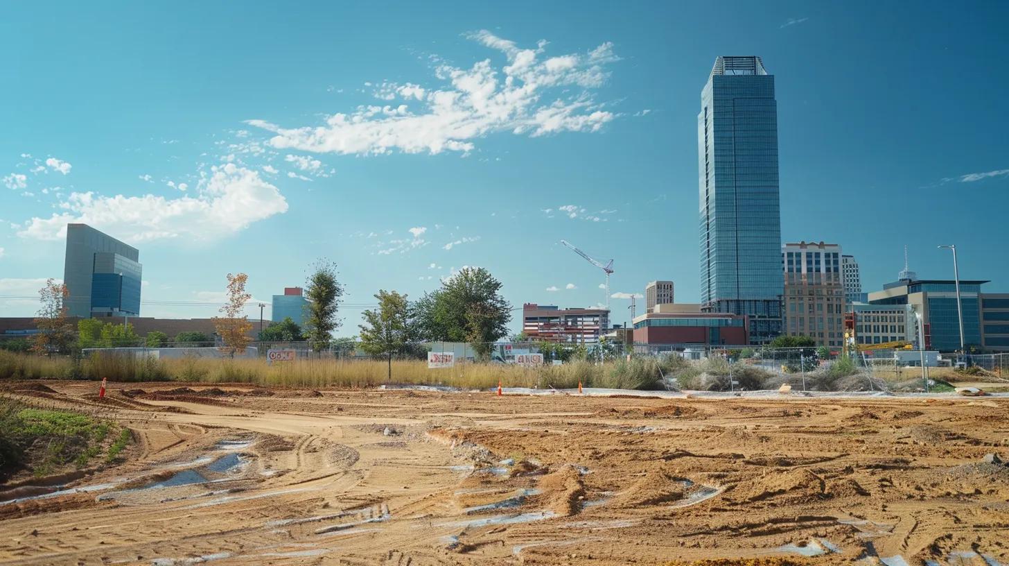 A wide-angle, high-resolution photo of a modern commercial construction site in downtown Oklahoma City. In the background, the Devon Tower is visible. In the foreground, a clean construction site with a sign that says ACME Construction. Sunny day, cinematic lighting, 8k.