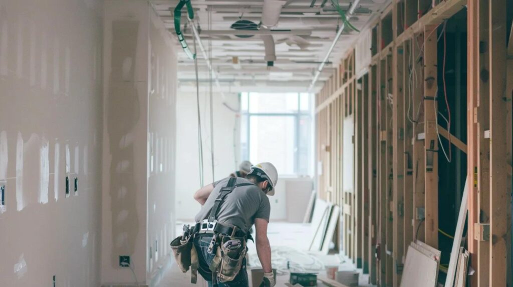 An interior shot of a commercial office space under construction. Metal studs are visible in the background, while a worker in the foreground is smoothly sanding a large drywall seam. The room is bright with natural light coming through large windows.