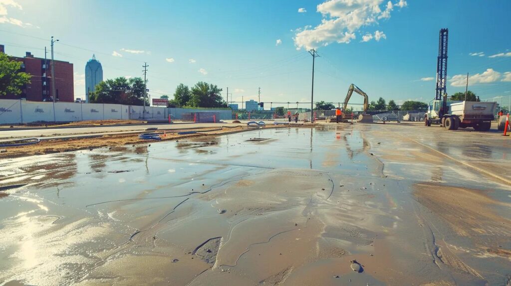 : A large-scale concrete pour for a commercial parking lot in OKC. A smoothing machine is being used on the wet surface, with a team of workers ensuring the levels are perfect. The background shows an Oklahoma skyline.