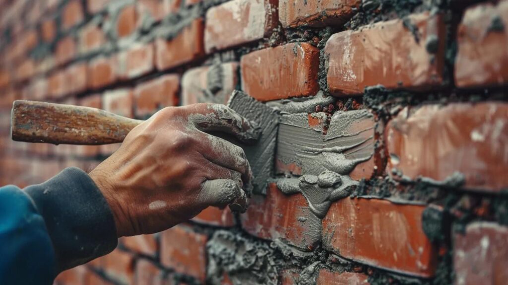 A close-up shot of a skilled mason’s hands using a trowel to apply fresh mortar to a red brick wall. The focus is on the precision of the tuckpointing process. High detail on the texture of the brick and the wet mortar.