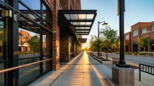 A wide-angle, high-resolution photo of a modern commercial building in downtown Oklahoma City during the golden hour. The building features a mix of expert brick masonry and sleek black metal awnings. In the foreground, a clean concrete sidewalk and a custom metal handrail are visible. The atmosphere is professional, clean, and bright