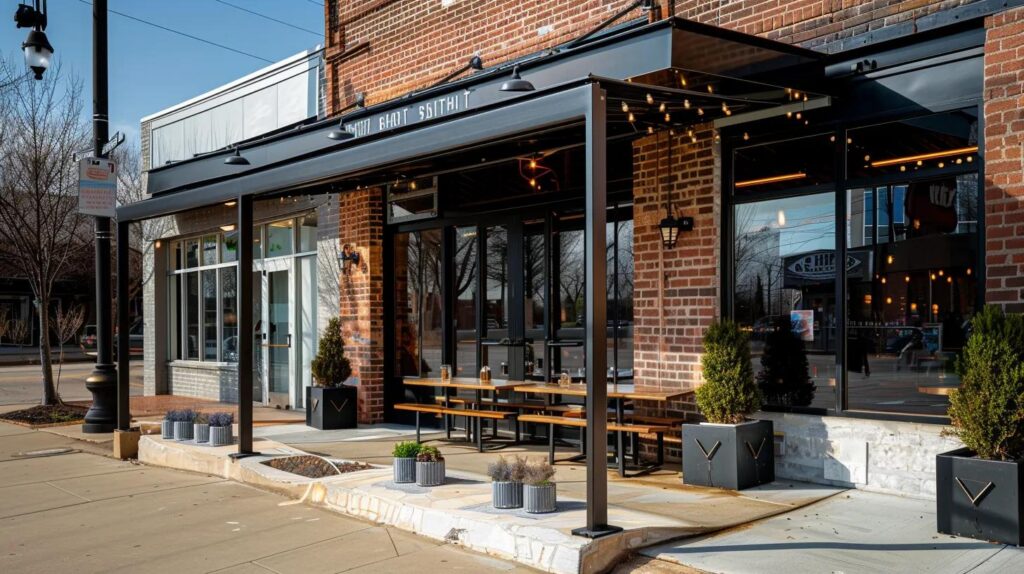 A vibrant, street-level view of a trendy Oklahoma City storefront featuring a custom-fabricated black metal canopy and an inviting outdoor seating area. The branding on the awning is crisp and modern.