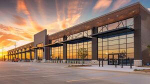 A high-quality, wide-angle photograph of a modern commercial building in Oklahoma City during a golden hour sunset. The building features a mix of expert masonry, large glass windows with sleek black metal awnings, and a perfectly paved concrete entrance. Professional construction workers in branded safety gear are seen in the distance, subtly finishing a detail. High-end, architectural photography style.