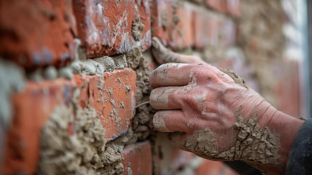 A detailed macro shot of an experienced mason's hands skillfully tuckpointing a historic red brick wall in Oklahoma City. The focus is on the precision of the mortar and the texture of the brick