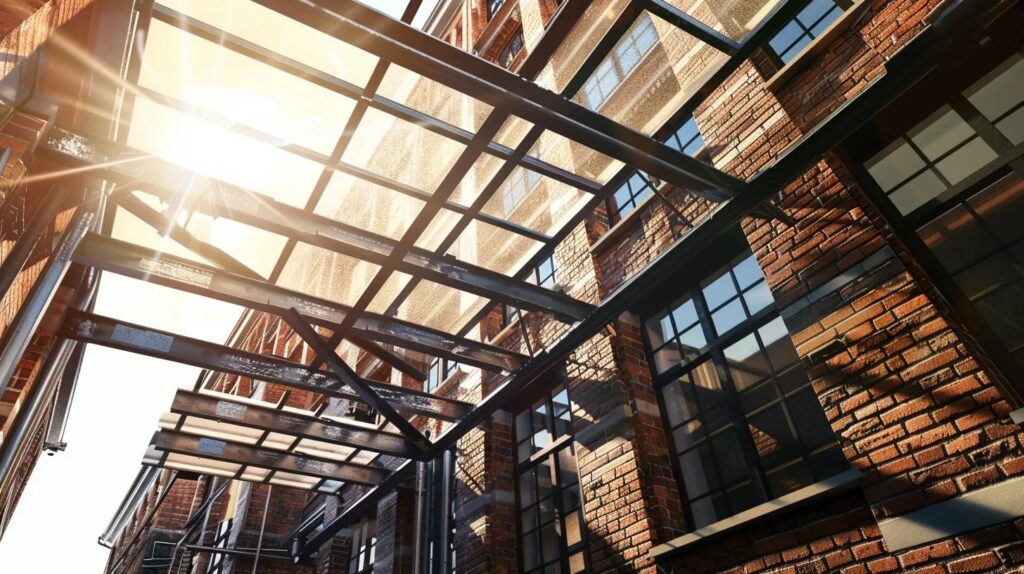 A low-angle shot looking up at a custom-fabricated industrial metal canopy attached to a brick building. The sun is shining through, showing the structural steel details.