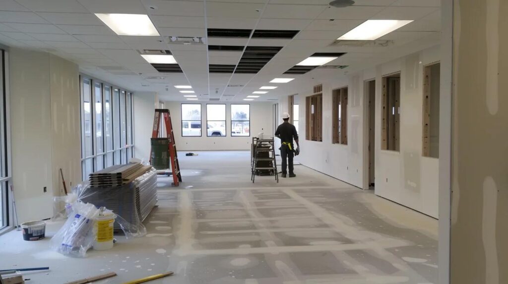 An interior photo of a brightly lit, modern office space under construction. The drywall is perfectly smooth and white, with professional painters in the background starting the first coat.