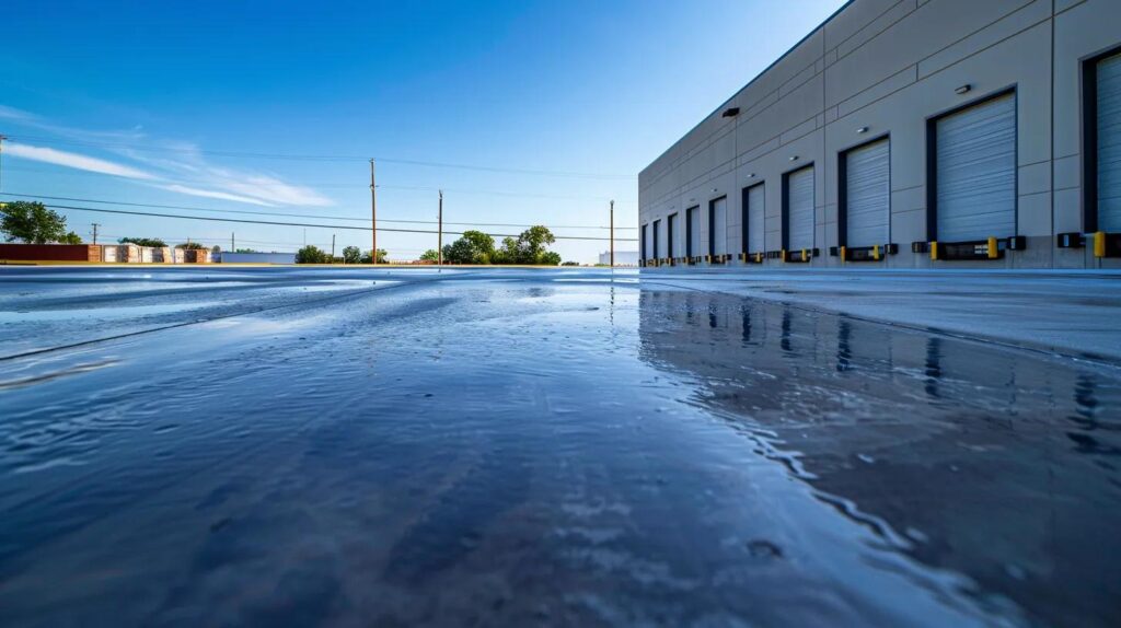 A wide-angle shot of a freshly poured and finished commercial concrete parking lot. The concrete is still wet enough to have a slight sheen, reflecting the blue Oklahoma sky.