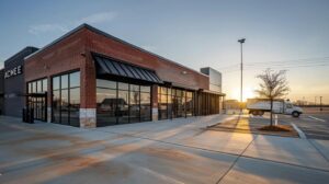 A high-resolution, realistic photo of a modern commercial storefront in Oklahoma City during a clear golden hour. The building features clean brick masonry, a sleek black metal awning over the entrance, and a perfectly smooth concrete sidewalk in front. A professional ACME Construction truck is parked neatly in the background.