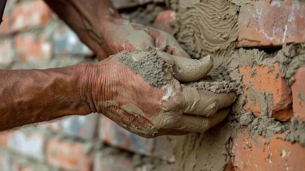 A close-up, high-detail shot of a mason’s hands expertly applying fresh mortar to a red brick wall. The focus is on the precision of the tool and the texture of the brick