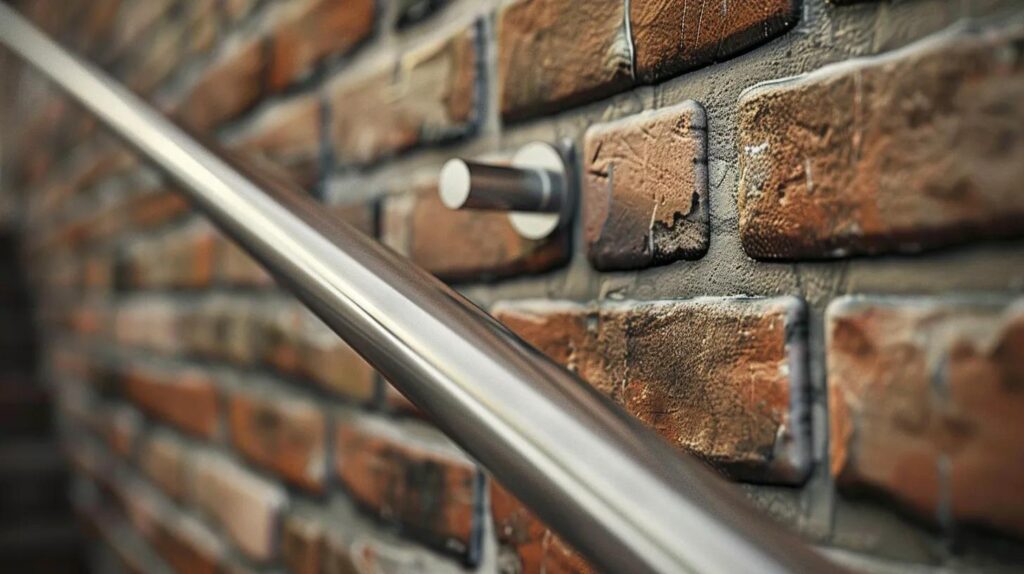 A close-up of a high-quality stainless steel handrail mounted onto a brick wall. The focus is on the sturdy mounting bracket and the clean handrail fixing detail, showing safety and durability.