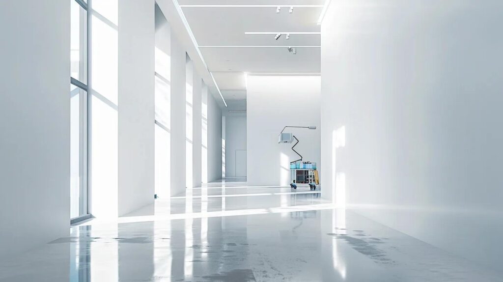An interior shot of a bright, modern office space with perfectly smooth white walls. A professional painter is seen in the distance using a roller, highlighting the clean lines and Level 5 drywall finish.