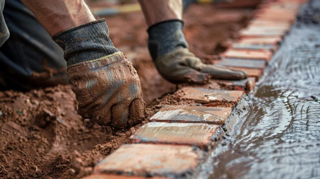 A close-up, detailed photo of a skilled mason’s hands expertly tuck-pointing red Oklahoma brick. The mortar is fresh, and the brickwork looks pristine. Next to it, a smooth, newly poured concrete sidewalk with a professional finish.