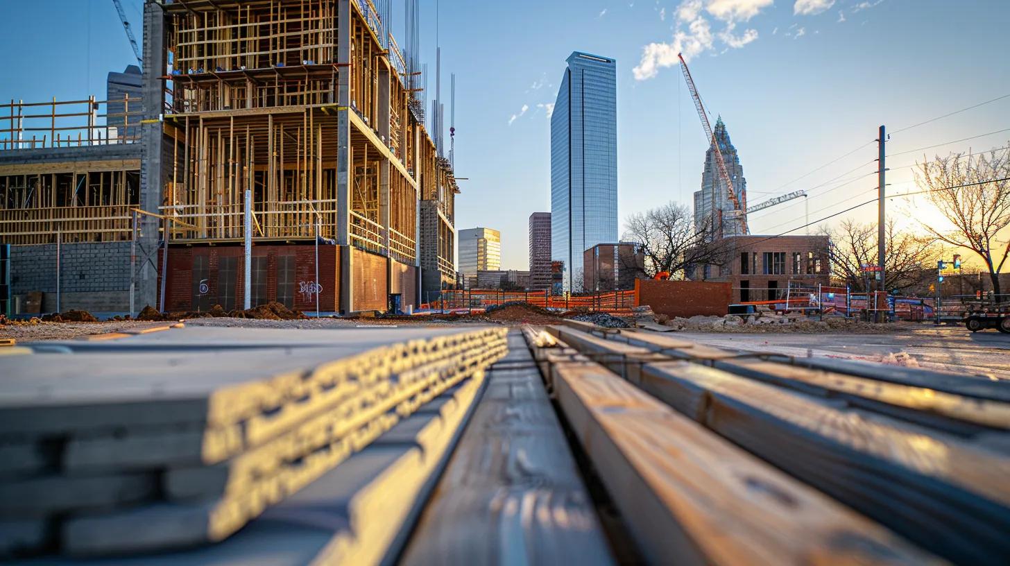 A high-resolution, wide-angle shot of a modern commercial construction site in downtown Oklahoma City. In the background, the Devon Tower is visible. In the foreground, a clean construction site featuring metal framing and a stack of ACME bricks. The lighting is golden hour, giving a professional and optimistic feel.