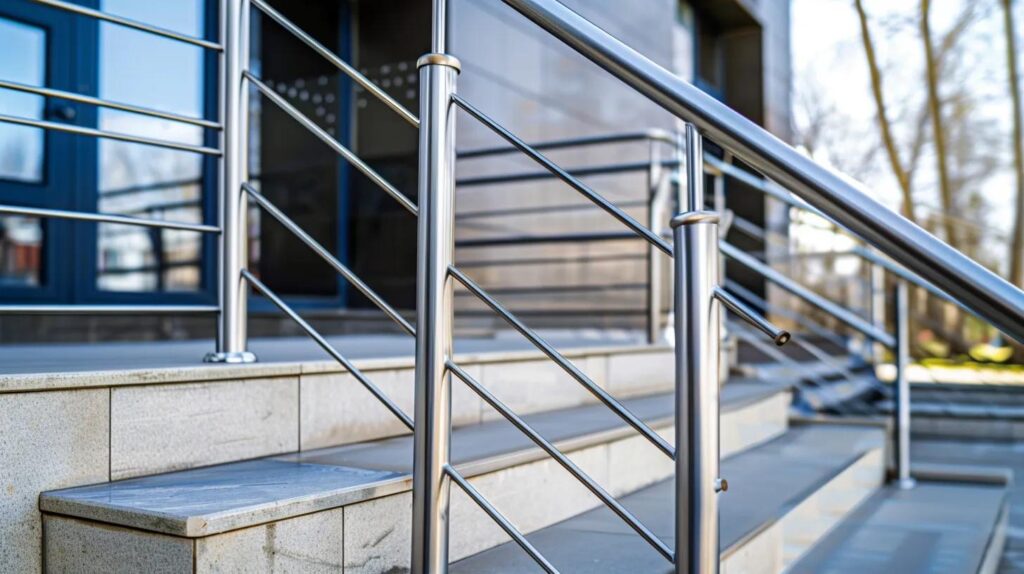 A modern stainless steel handrail perfectly installed on a concrete staircase outside a commercial office. The image focuses on the sturdy mounting brackets and the high-end finish of the metal. Professional and safe aesthetic.