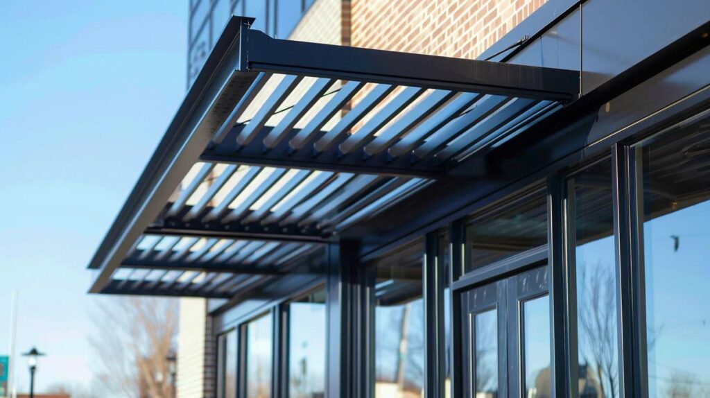 A sleek, modern black metal awning installed over a stylish storefront in Oklahoma City. The image highlights the clean lines of the metalwork and the architectural shadows it casts on the building's facade.