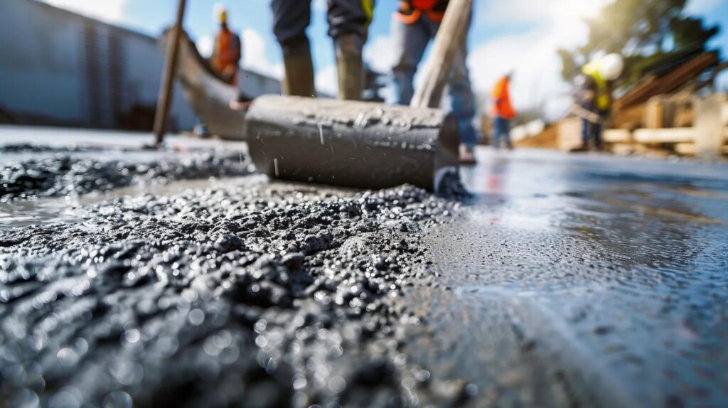 A close-up, high-action shot of professional workers pouring smooth, wet concrete for a commercial parking lot in OKC. You can see the texture of the concrete and the tools used for leveling. Bright daylight, realistic construction site atmosphere.