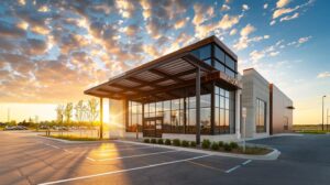 A wide-angle, realistic photo of a modern commercial building in Oklahoma City during a clear sunset. The image shows a clean parking lot, a professional metal canopy over the entrance, and a Work in Progress sign with the ACME logo. High-quality architecture, sharp details, 8k resolution.