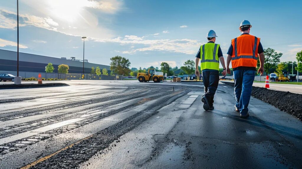 An image of a facility manager walking with a contractor through a clean, well-maintained commercial parking lot. They are looking at a freshly poured concrete section. The scene conveys a sense of proactive care and business professionalism.