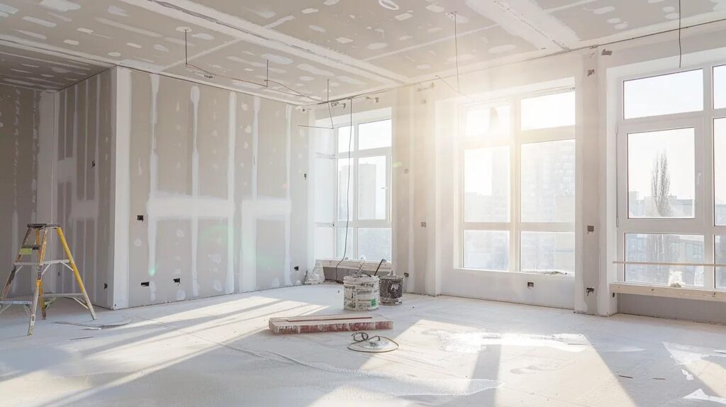 A bright, interior shot of a commercial office space under renovation. Large sheets of smooth drywall are installed, and a finisher is using a trowel to apply joint compound. The room is flooded with natural light from large windows.