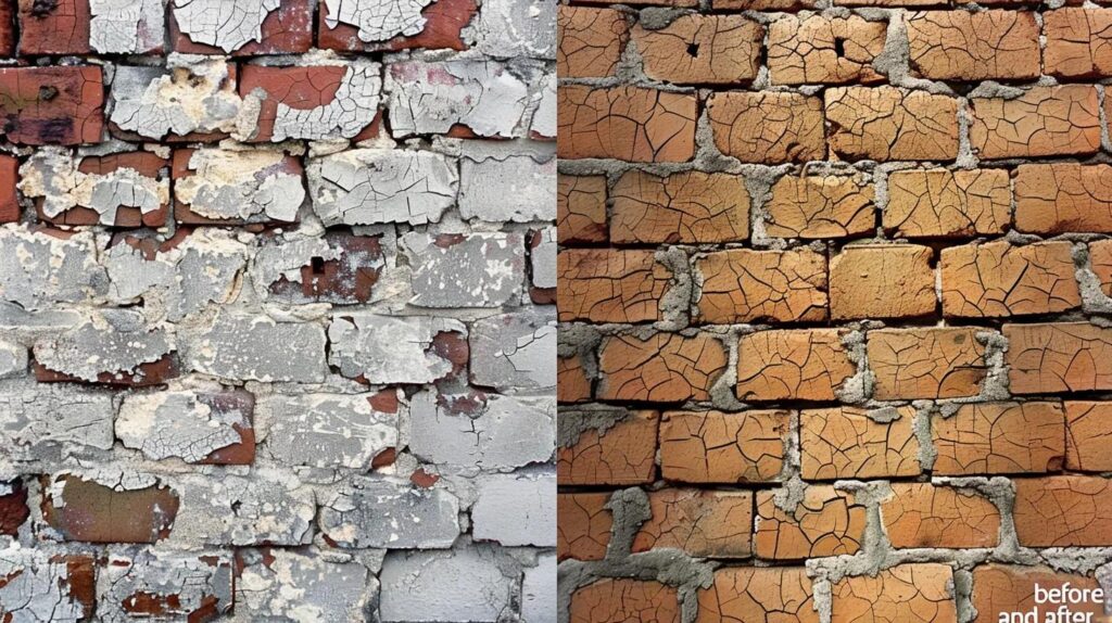 A split-screen "before and after" style photo. On the left, a weathered brick wall with cracked mortar. On the right, a clean, professionally repointed section of the same wall. The lighting is bright and reveals the texture of the new mortar.