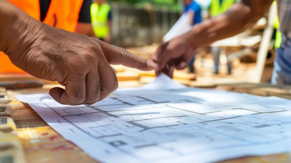 A close-up shot of a set of blueprints on a wooden table at a construction site. A pair of calloused hands is pointing at a structural detail. In the background, out-of-focus, workers in high-visibility vests are moving materials.