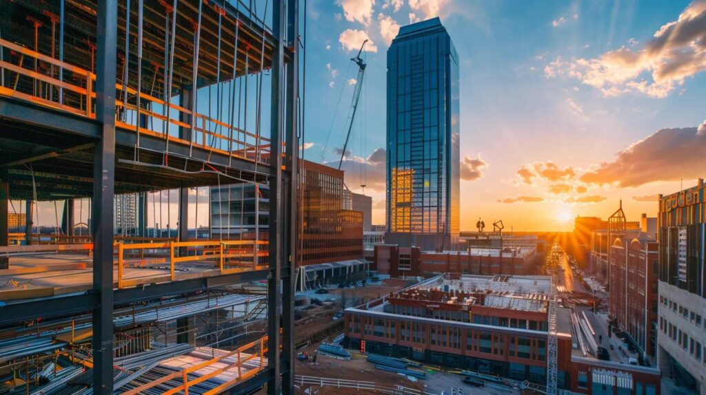 A wide-angle, high-resolution photo of a modern commercial construction site in downtown Oklahoma City during the "golden hour." In the foreground, a professional crew is installing steel metal framing. The OKC skyline (Devon Tower) is visible in the background. Tone: Professional, industrious, and clean.