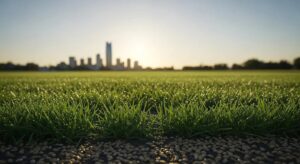 Lush green grass in foreground with Oklahoma City skyline in the background, highlighting professional grass seeding services.
