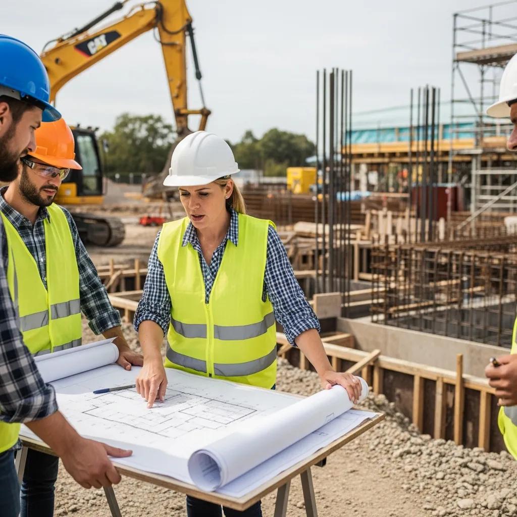 Construction manager reviewing blueprints with team on-site